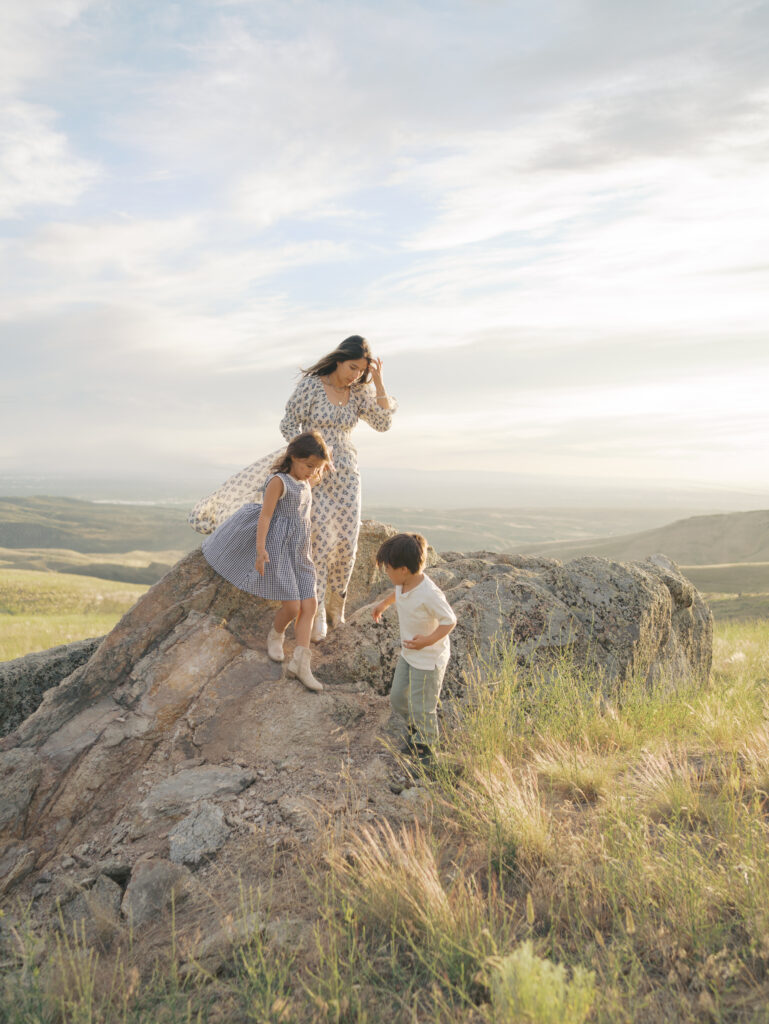 mom and kids on rock climbing