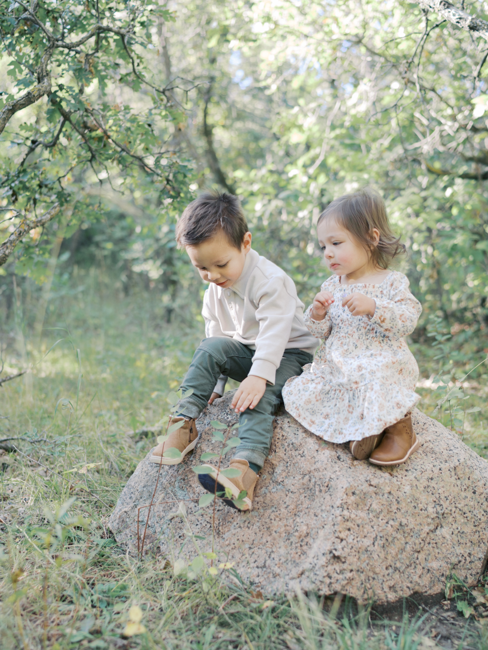 Two young kids sitting on giant rock during family photos in Colorado springs