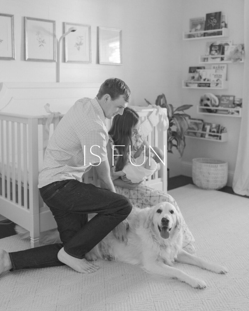 couple with dog in nursery and new baby telling the Newborn Photography Experience Colorado Springs