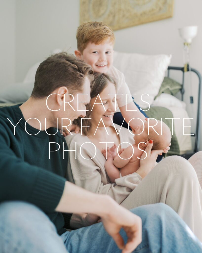 family of four sitting on floor against bed all looking down at newborn in moms lap telling the Newborn Photography Experience Colorado Springs