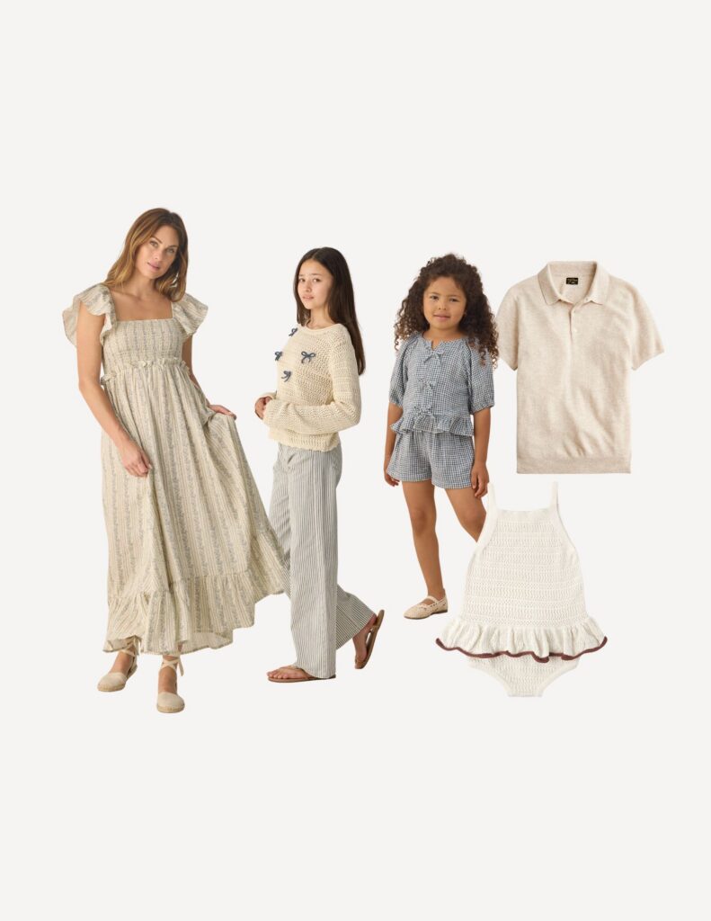 Spring Family Photo Outfits collage by Lauren Bounds Photography- moms dress, dad's sweater top, three girls outfits