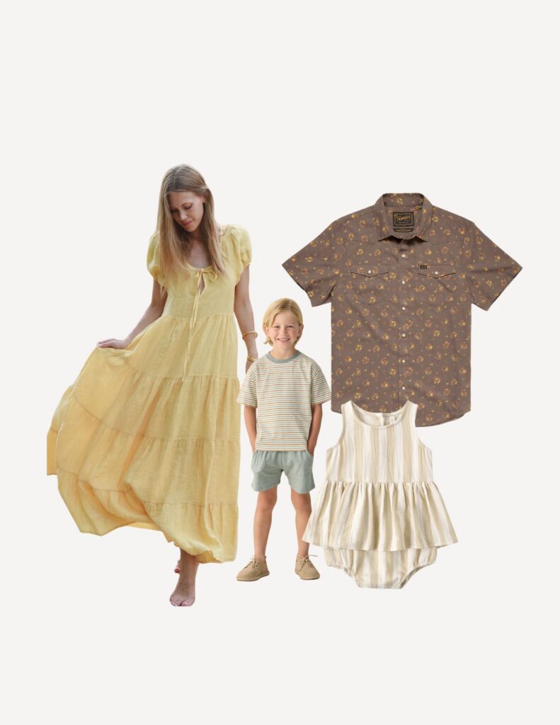 Spring Family Photo Outfits collage by Lauren Bounds Photography- moms yellow dress, dad's button up short sleeved brown and floral top, boys casual play outfit and baby's striped romper