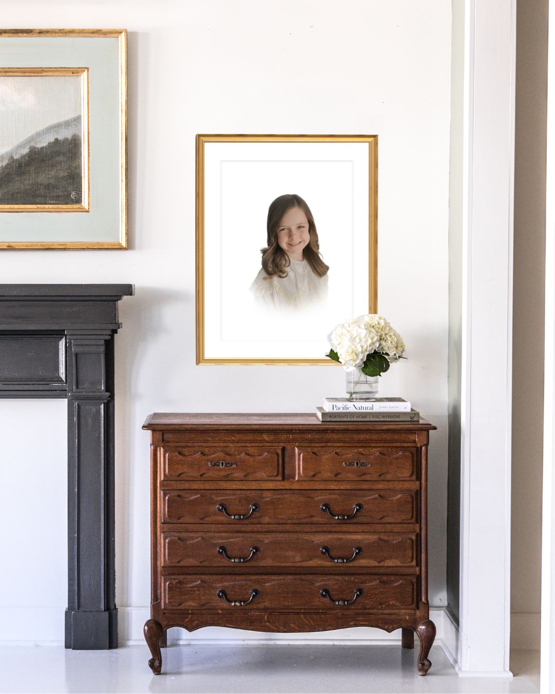 Childhood portrait mock up of large framed heirloom photo of girl over an antique dresser for Lauren Bounds Photography in Colorado Springs, CO