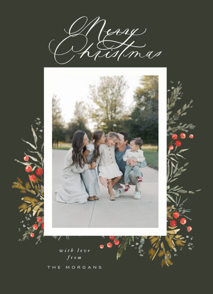 Fall mini session holiday card mock up for lauren bounds photography- family of five kneeling and hugging with dark green border and holiday florals