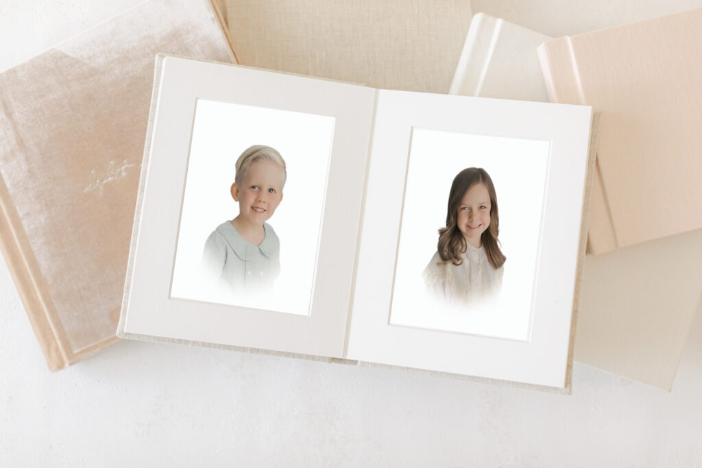 matted album mock up for Lauren Bounds photography of boy and girl heirloom portraits in Colorado Springs, CO