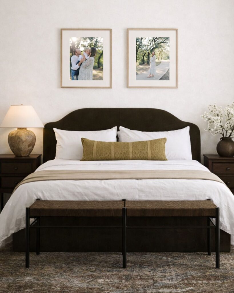 Two frames over a bed to show custom framed photos by Lauren Bounds Photography